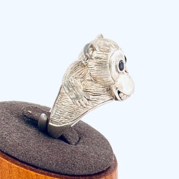 Estate Sterling Silver 925 3D Monkey Ring Black Onyx Eyes Adjustable Size 10 - Picture 2 of 10